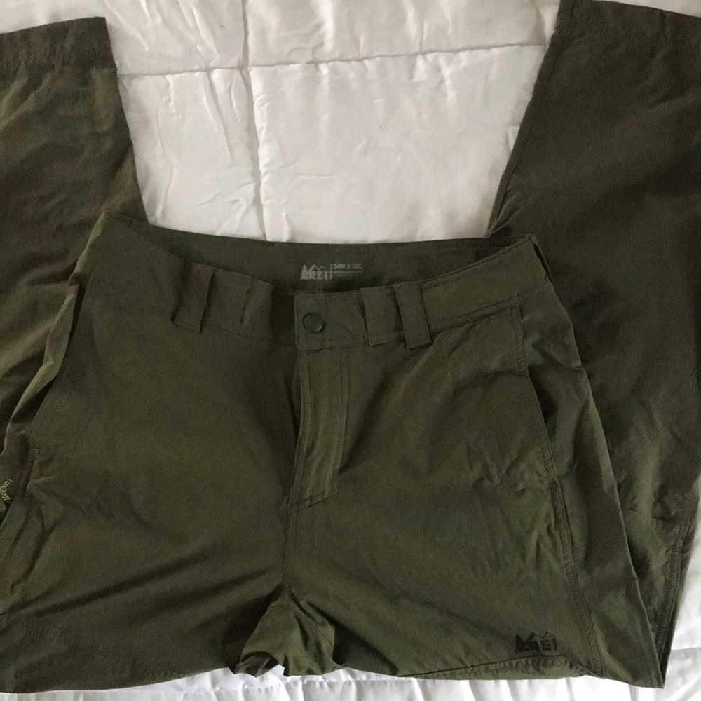 REI hiking pants olive drab green.